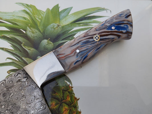 Custom Handmade King’s Damascus Steel Forged Chef Knife – Kitchen Use with Resin Fiber Handle & Leather Sheath