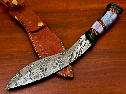 Mountain Fang 15 Inch Damascus Kukri Bowie Knife | Bone & Wood Handle with Leather Sheath