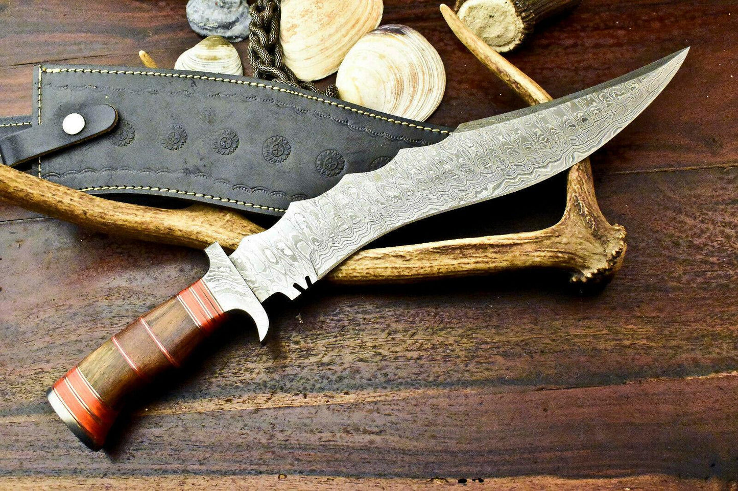 18" Damascus Bowie Hunting Knife – Walnut Wood Handle with Leather Sheath