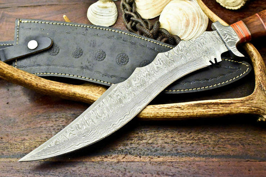 18" Damascus Bowie Hunting Knife – Walnut Wood Handle with Leather Sheath