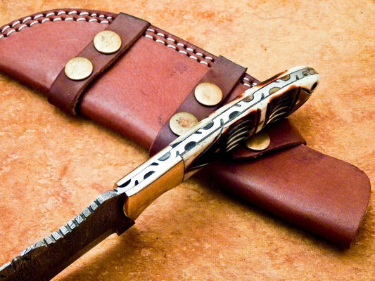 10 Inch Damascus Bowie Knife with Engraved Camel Bone Handle