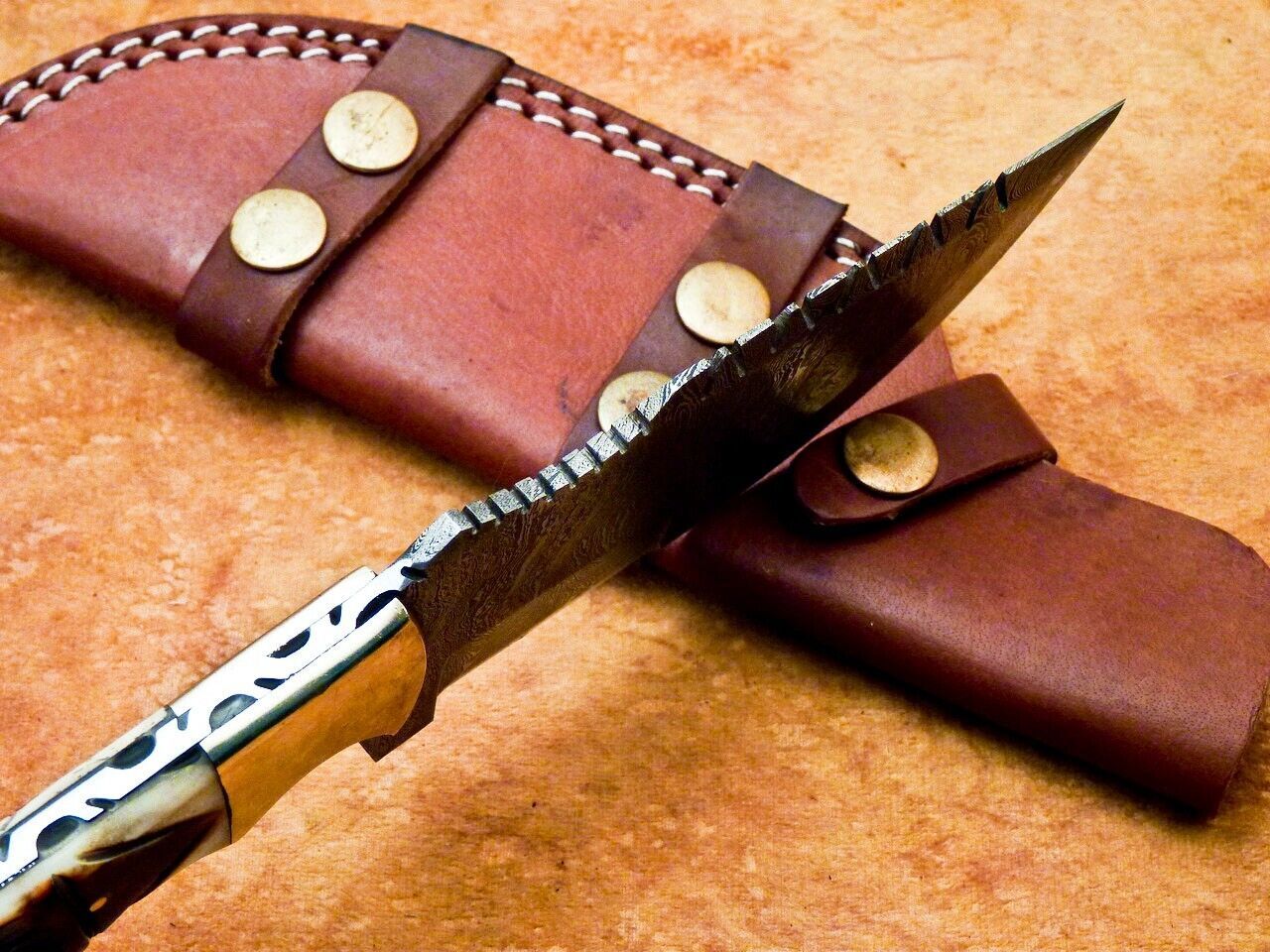 10 Inch Damascus Bowie Knife with Engraved Camel Bone Handle