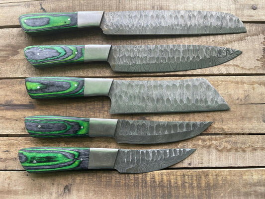 5PCS Handmade Damascus Steel Chef Knife Set – Custom Kitchen Knives with Premium Handles