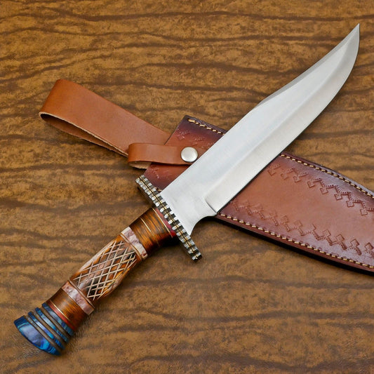 Handmade 12" D2 Steel Clip Point Bowie Hunting Knife – Bone & Wood Handle with Sheath