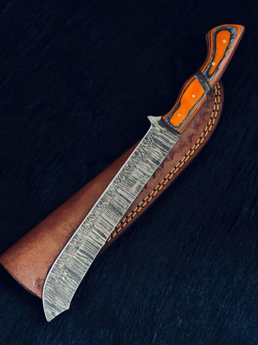 Heritage Forge 13 Inch Fire Damascus Fillet Kitchen Knife with Camel Bone and Wood Handle