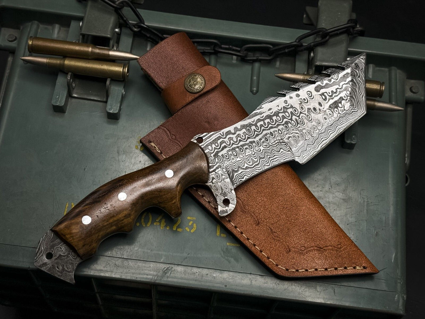 Handmade Damascus Steel Hunting Tracker Knive with Wood Handle and Cow Leather Sheath