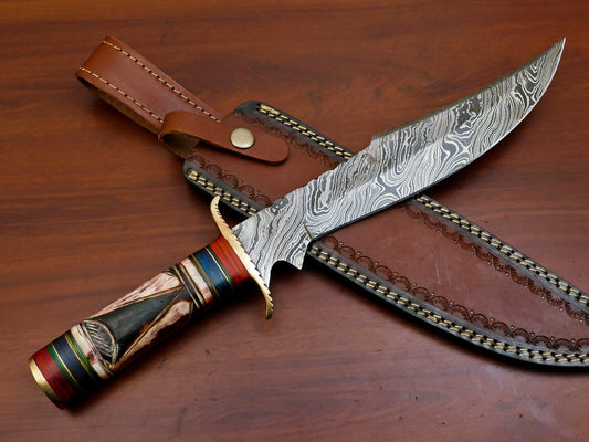 15" Damascus Bowie Knife – Camel Bone and Pakka Wood Handle with Brass Guard