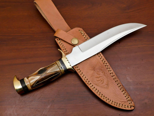 12 Inch Handmade D2 Clip Point Fixed Blade Hunting Bowie Knife with Leather Sheath