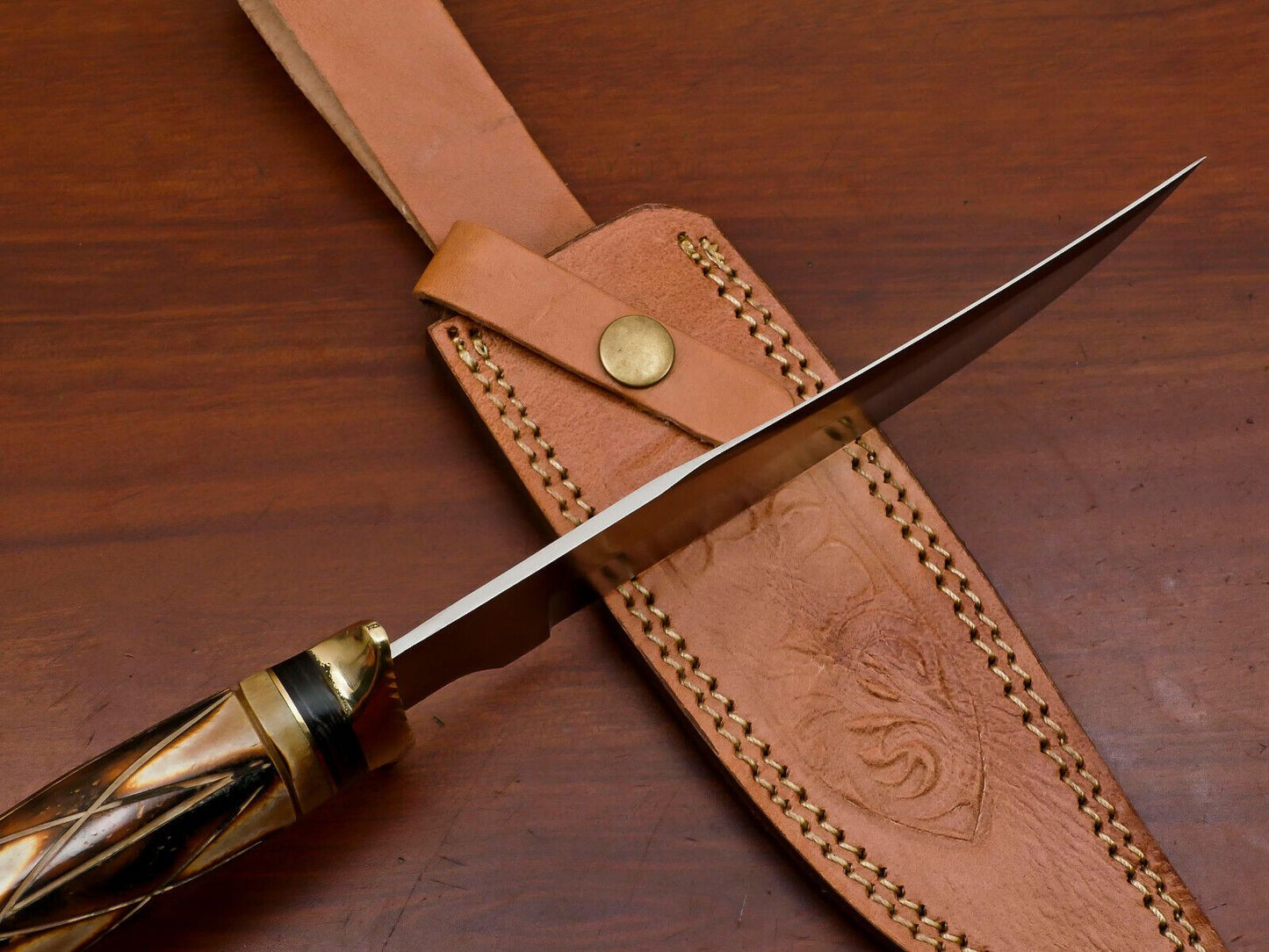 12 Inch Handmade D2 Clip Point Fixed Blade Hunting Bowie Knife with Leather Sheath