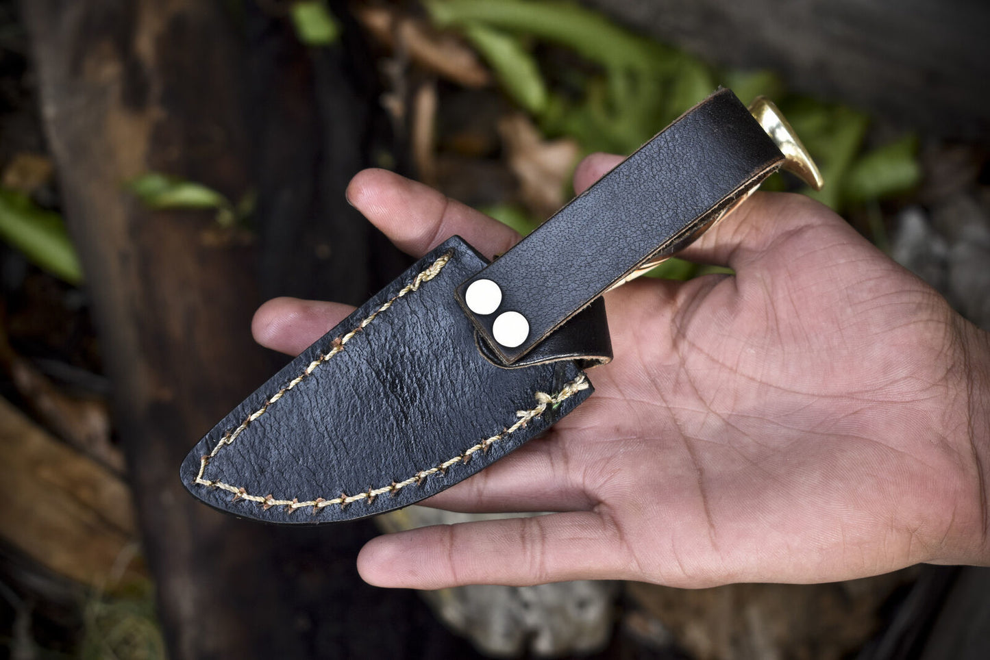 Rain Drop Damascus Skinner Knife with Bone Handle and Brass Guard