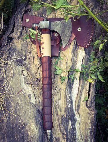 Handmade Damascus Steel Smoking Pipe Axe with Wooden Handle and Leather Sheath – Hunting and Survival Hatchet