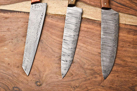 Lot of 3 Damascus Steel Full Tang Chef Knife Set – 384 Layers, Professional Kitchen Knives