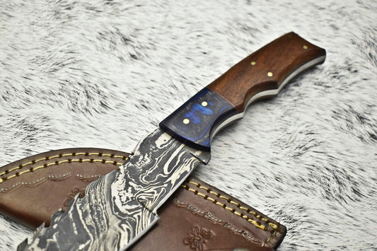 Damascus Blade Camping Tracker Full Tang Knife with Leather Sheath