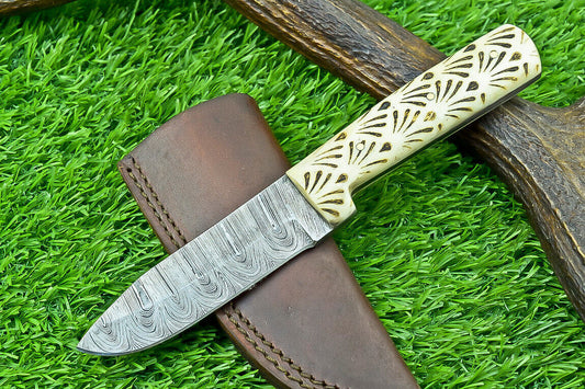 8" Damascus Steel Bowie Knife with Camel Bone Handle – Handmade Fixed Blade by Heritage Forge