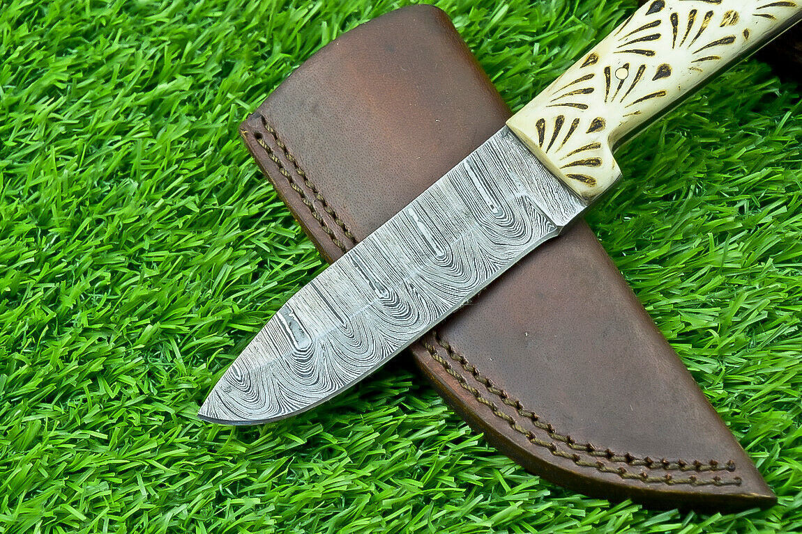 8" Damascus Steel Bowie Knife with Camel Bone Handle – Handmade Fixed Blade by Heritage Forge