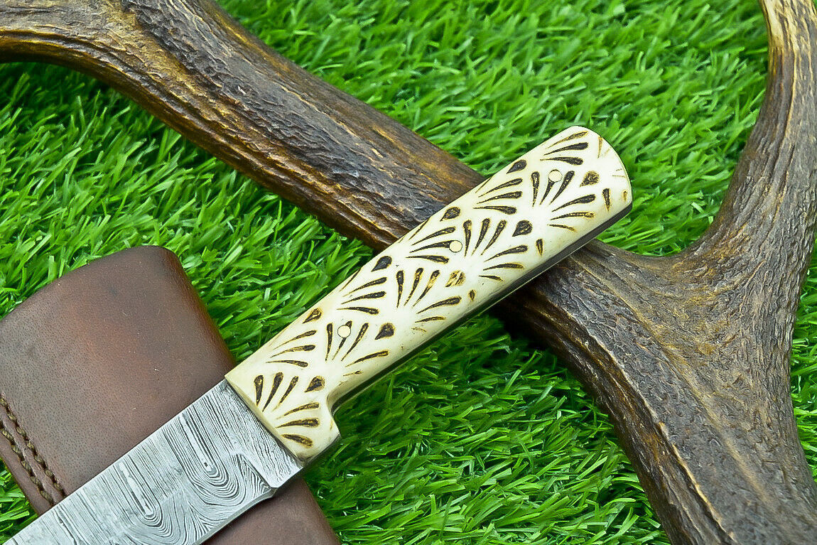 8 Inch Handmade Damascus Steel Hunting Knife with Camel Bone Handle