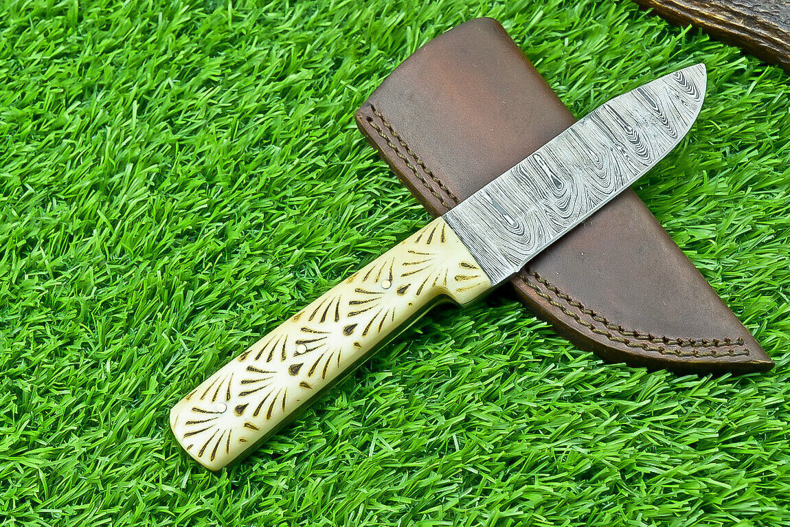 8 Inch Handmade Damascus Steel Hunting Knife with Camel Bone Handle