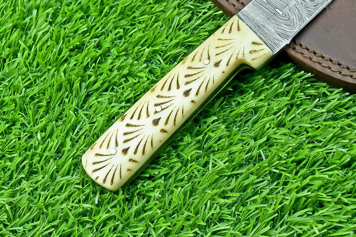 8 Inch Handmade Damascus Steel Hunting Knife with Camel Bone Handle
