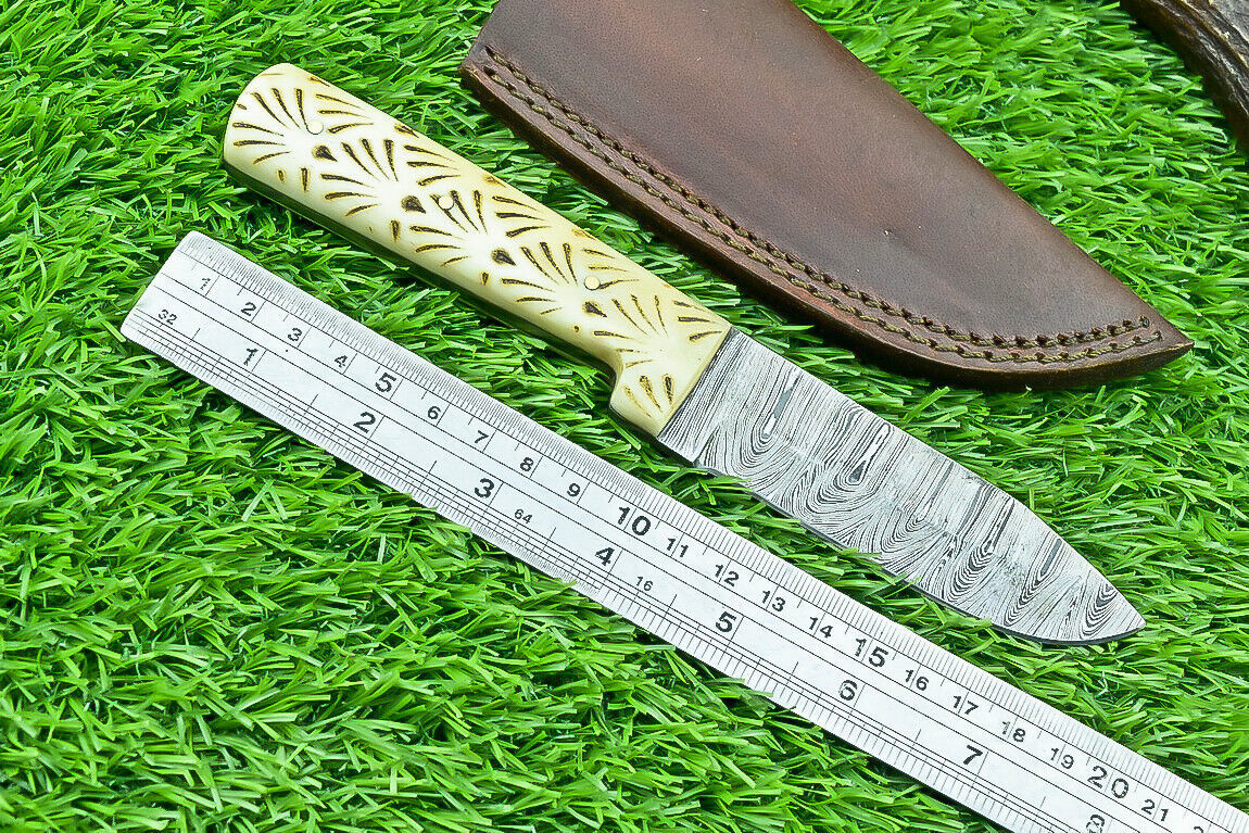 8 Inch Handmade Damascus Steel Hunting Knife with Camel Bone Handle