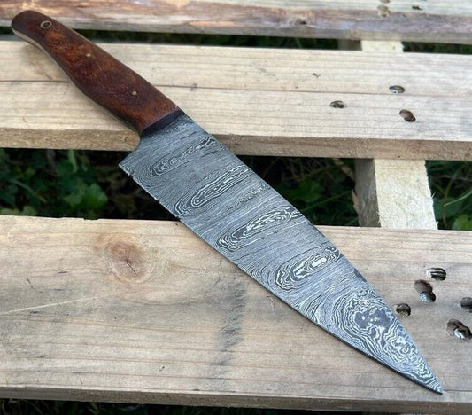 Handmade Damascus Steel Hunting & Chef Kitchen Knife – Full Tang Hardwood Handle, 12" Blade