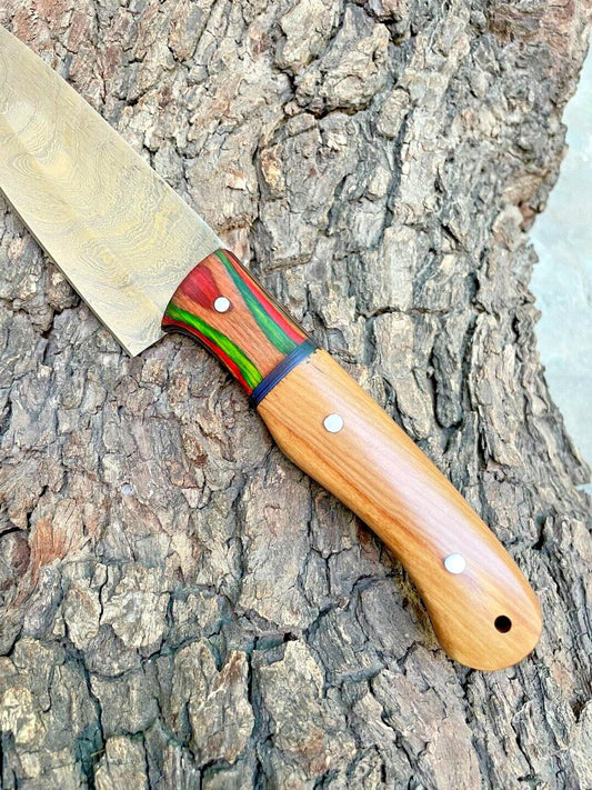 Hand Forged Damascus Steel Chef Knife – 12" Kitchen Cutlery with 6" Sharp Blade, Wooden Handle & Leather Sheath