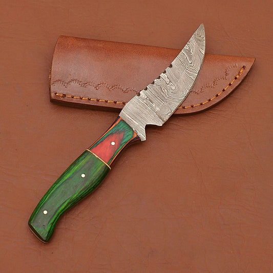 Hand Forged Damascus Skinner Knife with Wood Handle for Hunting Camping and Survival