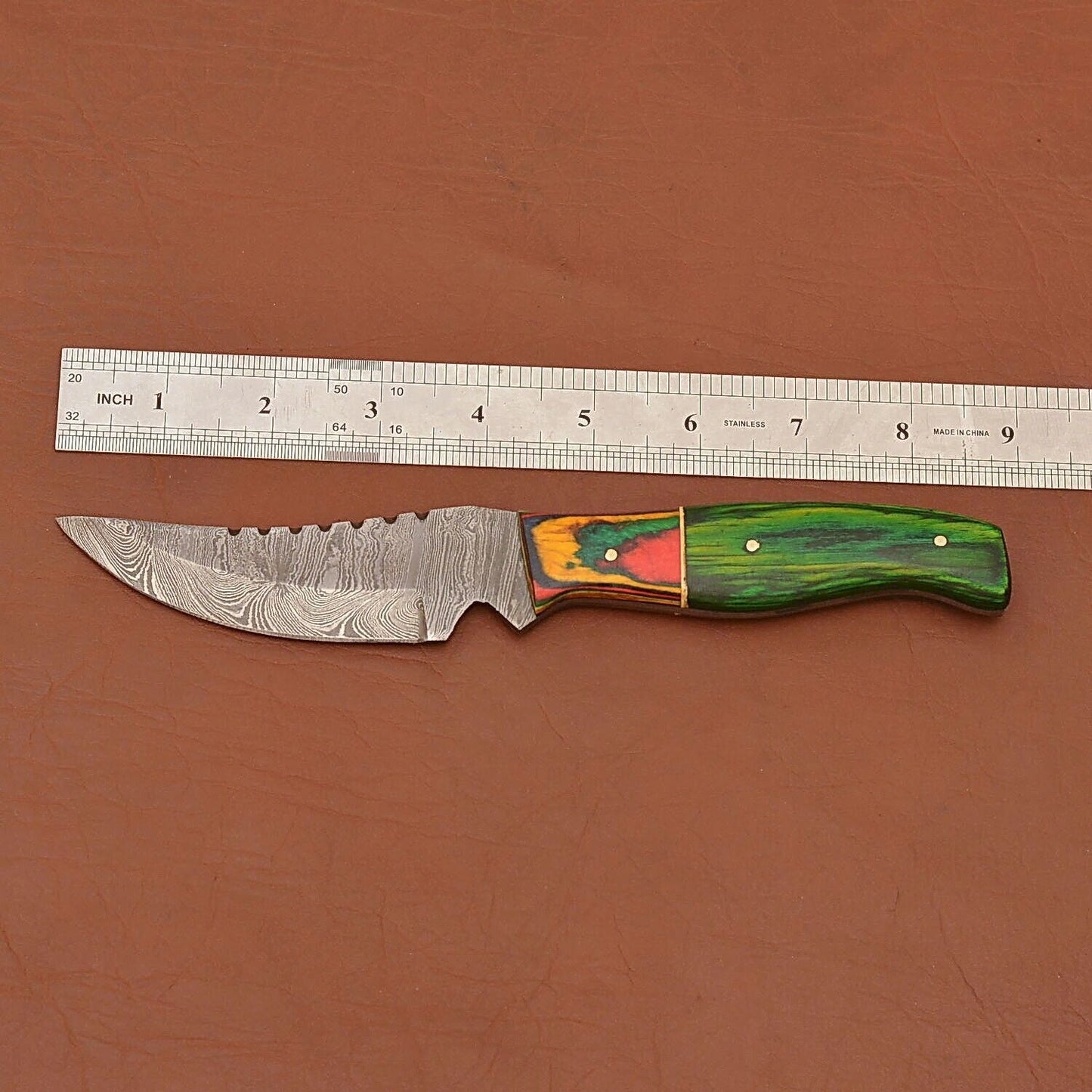 Hand Forged Damascus Skinner Knife with Wood Handle for Hunting Camping and Survival