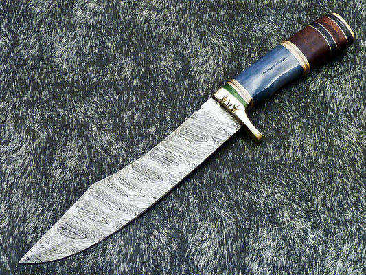 13” Handmade Damascus Bowie Knife | Camel Bone Handle & Leather Sheath