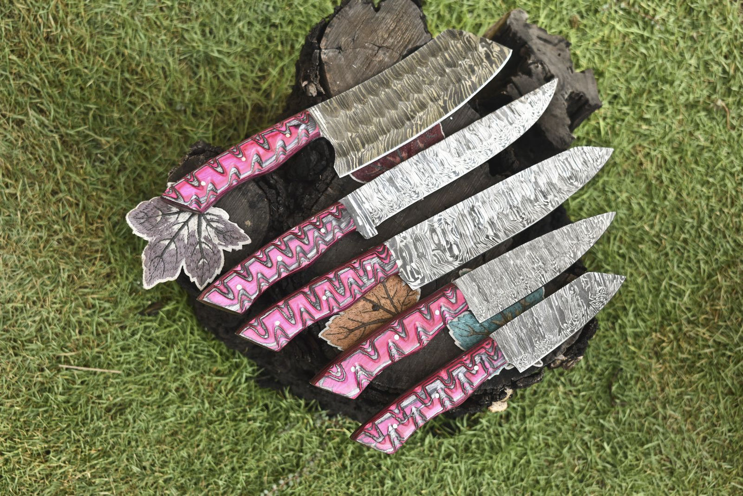 Handmade Chef Knife Set Twist Damascus Steel with Hard Wood Handles – Lot of 5 Sports & Rare Knives