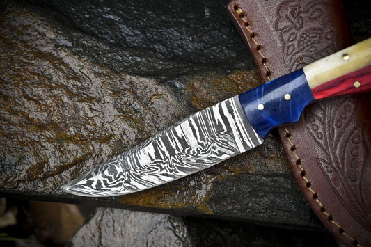 Twist Damascus Skinner Hunting Knife with Bone and Wood Handle – Custom Handmade Fixed Blade Damascus Knife