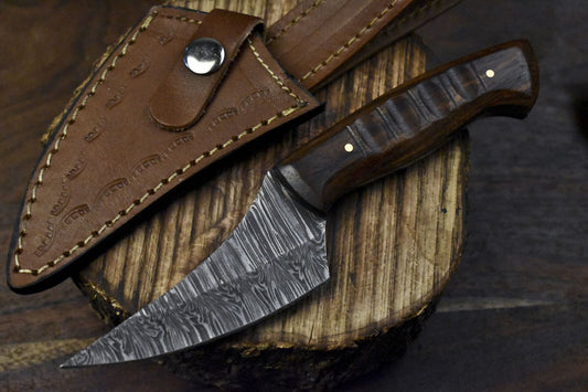 Twist Damascus Skinner Knife with Walnut Wood Handle – Custom Handmade Survival Hunting Blade