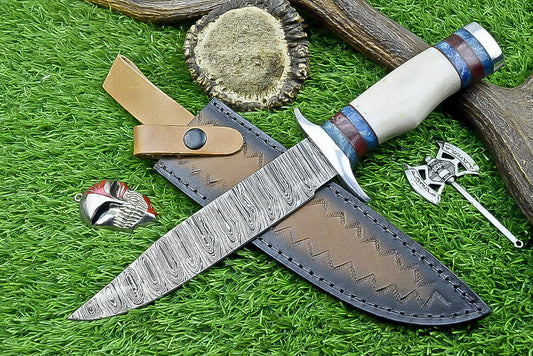 Heritage Forge 12.5 Inch Damascus Steel Bowie Knife with Bone Handle | Hand Forged Hunting Camping Knife
