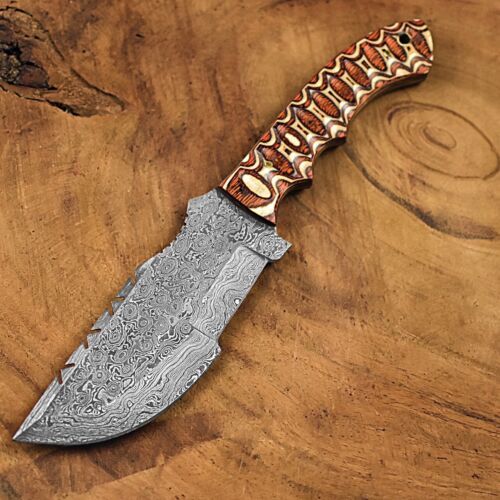 Handmade Damascus Steel Hunting Camping Tracker Knife | Camel Bone & Brass Bolster