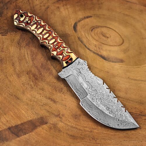 Handmade Damascus Steel Hunting Camping Tracker Knife | Camel Bone & Brass Bolster