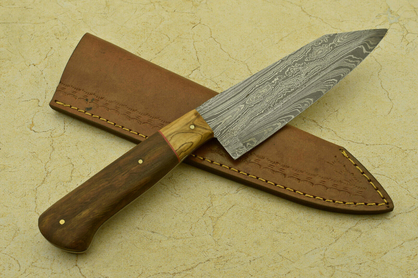Custom Handmade Forged Damascus Steel Chef Kitchen Knife with Olive & Rose Wood Handle – 11.5"