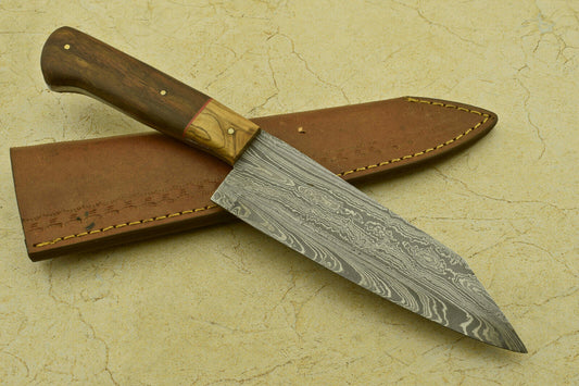 Custom Handmade Forged Damascus Steel Chef Kitchen Knife with Olive & Rose Wood Handle – 11.5"