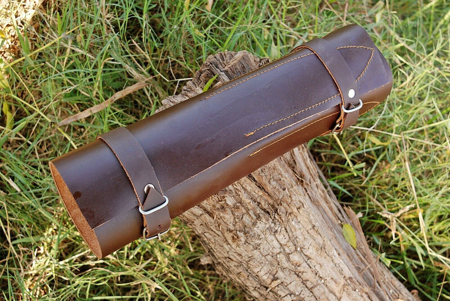 5-Piece Hand Forged Damascus Steel Chef Kitchen Knife Set with Buffalo Horn Handles & Leather Sheaths