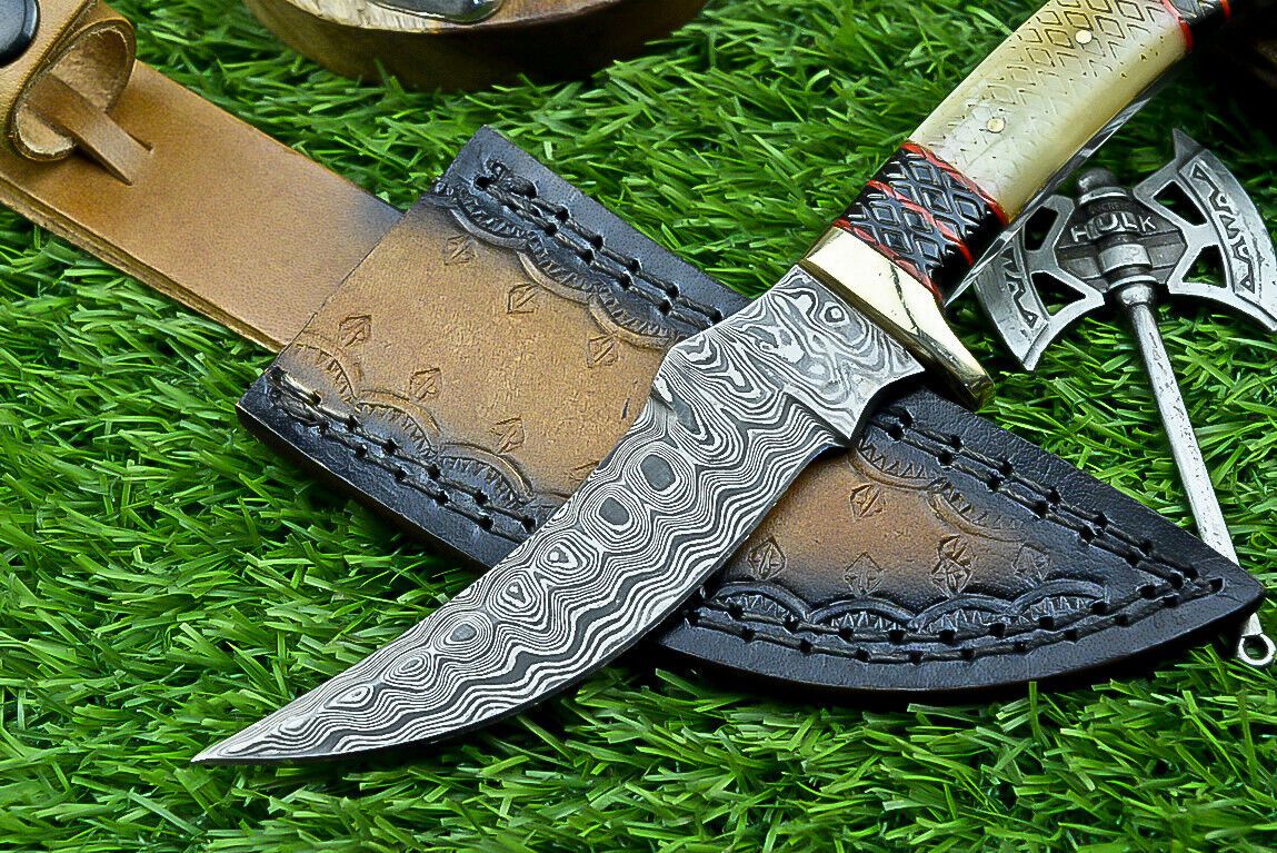 8.5" Custom Damascus Bowie Knife with Bone Handle & Brass Bolster