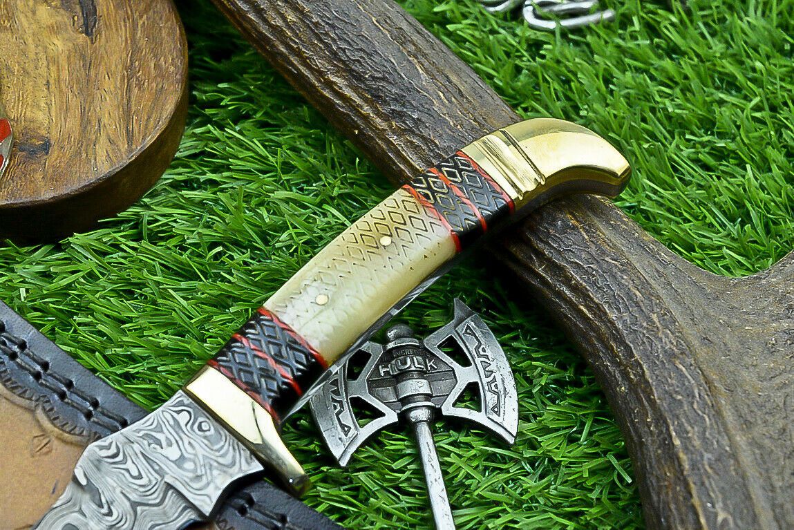 8.5" Custom Damascus Bowie Knife with Bone Handle & Brass Bolster
