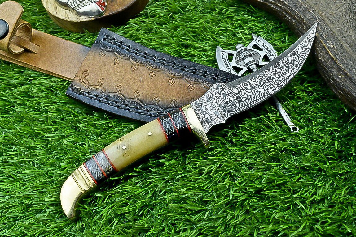 8.5" Custom Damascus Bowie Knife with Bone Handle & Brass Bolster