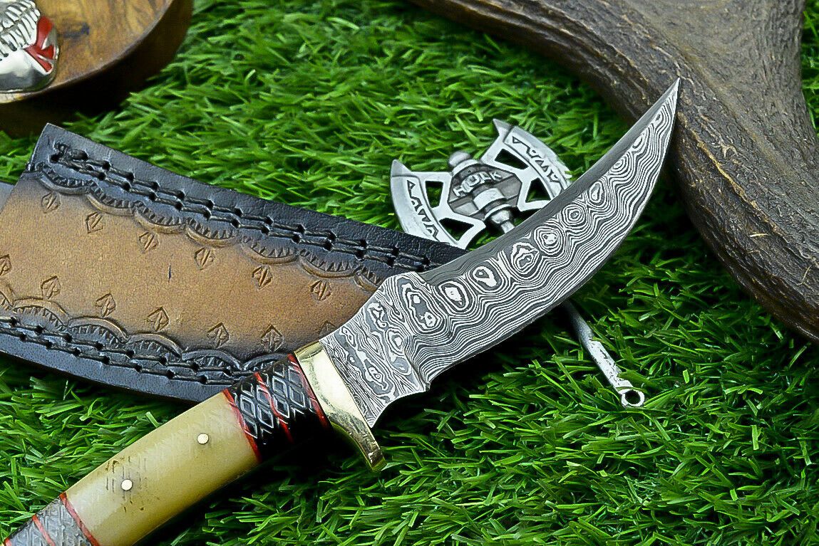 8.5" Custom Damascus Bowie Knife with Bone Handle & Brass Bolster