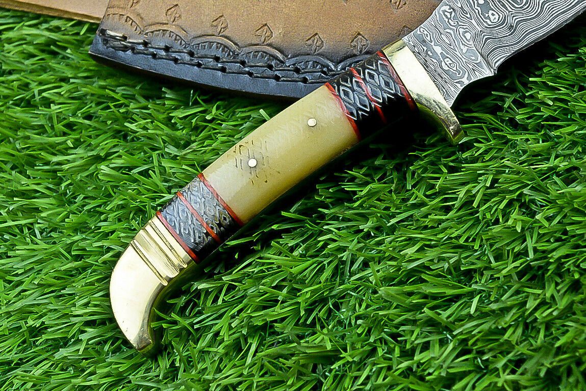 8.5" Custom Damascus Bowie Knife with Bone Handle & Brass Bolster