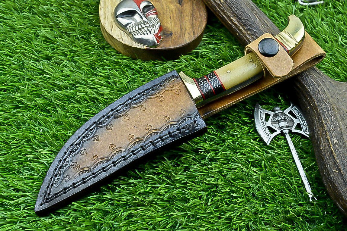 8.5" Custom Damascus Bowie Knife with Bone Handle & Brass Bolster
