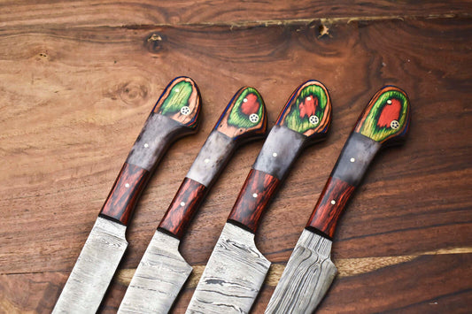 Custom Lot of 4 Handmade Hammered Damascus Steel Blade Chef Set Knives