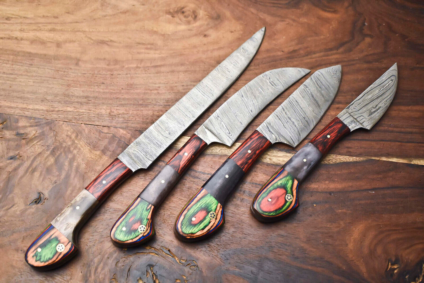 Custom Lot of 4 Handmade Hammered Damascus Steel Blade Chef Set Knives