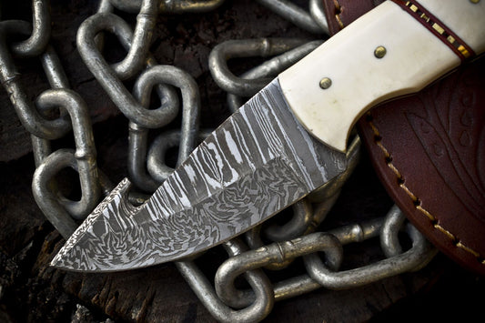 Custom Twist Damascus Skinner Knife with Gut Hook and Bone Handle for Outdoor Hunting