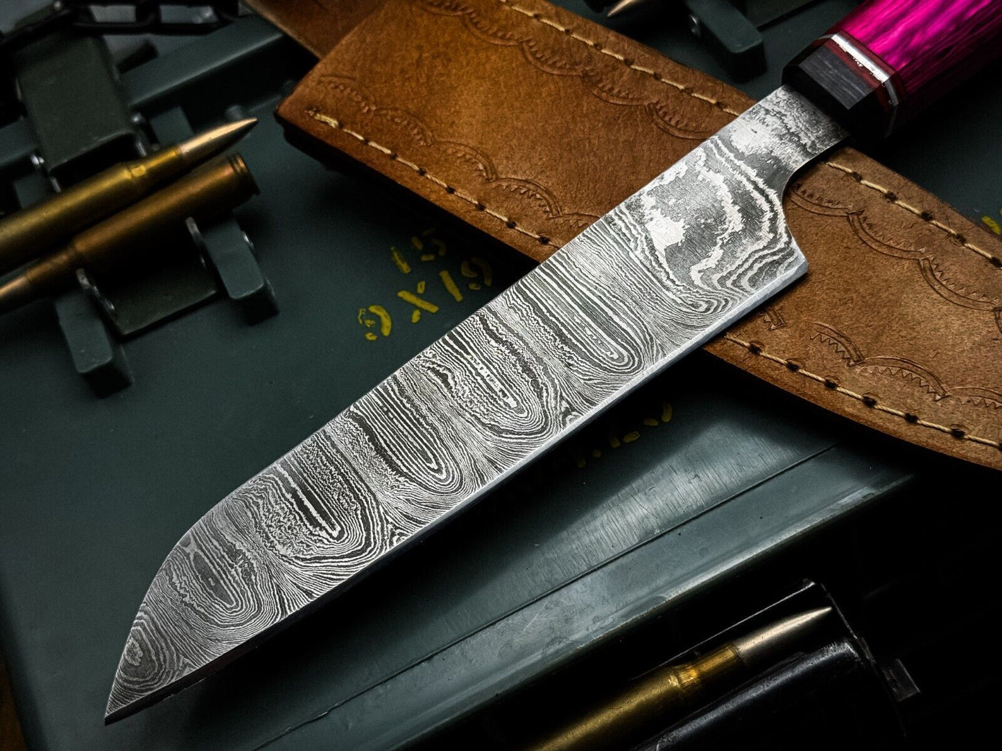 Handmade Damascus Steel Kitchen Chef Fish Cutting Knife – Wood Handle with Leather Sheath
