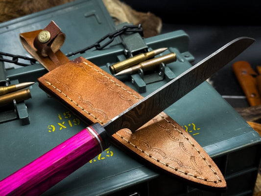 Handmade Damascus Steel Kitchen Chef Fish Cutting Knife – Wood Handle with Leather Sheath