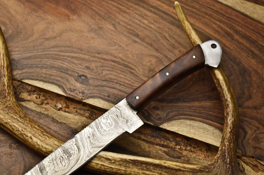 Custom San Mai Damascus Steel Fixed Blade Chef Knife, Walnut Handle