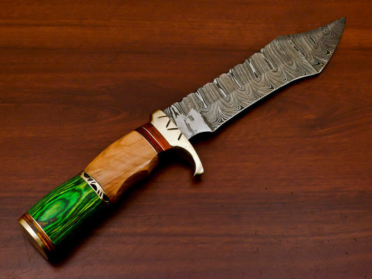 13" Damascus Bowie Knife | Olive & Pakka Wood Handle